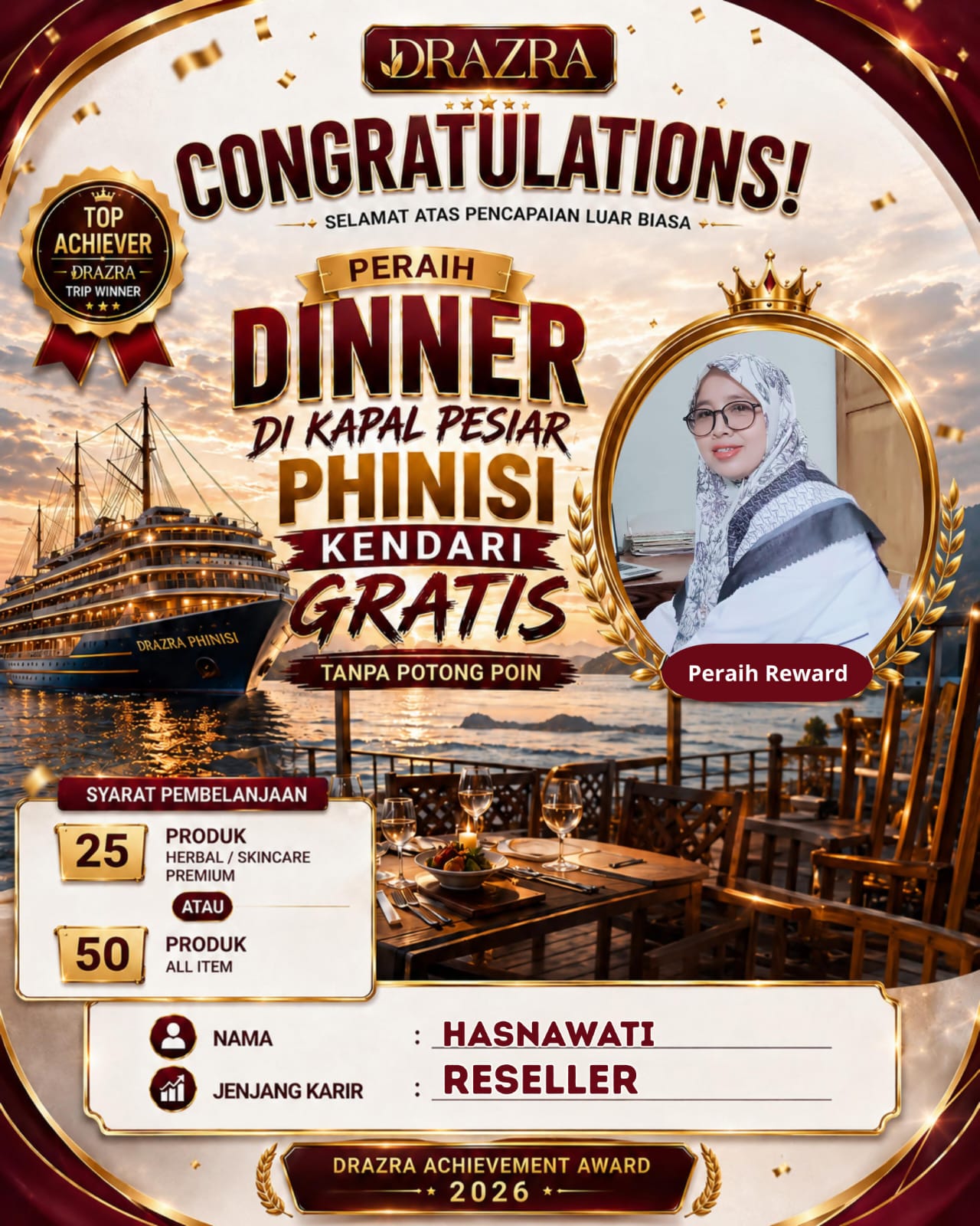 Reward dinner kapal Phinisi Kendari, DRAZRA Achievement Award 2026