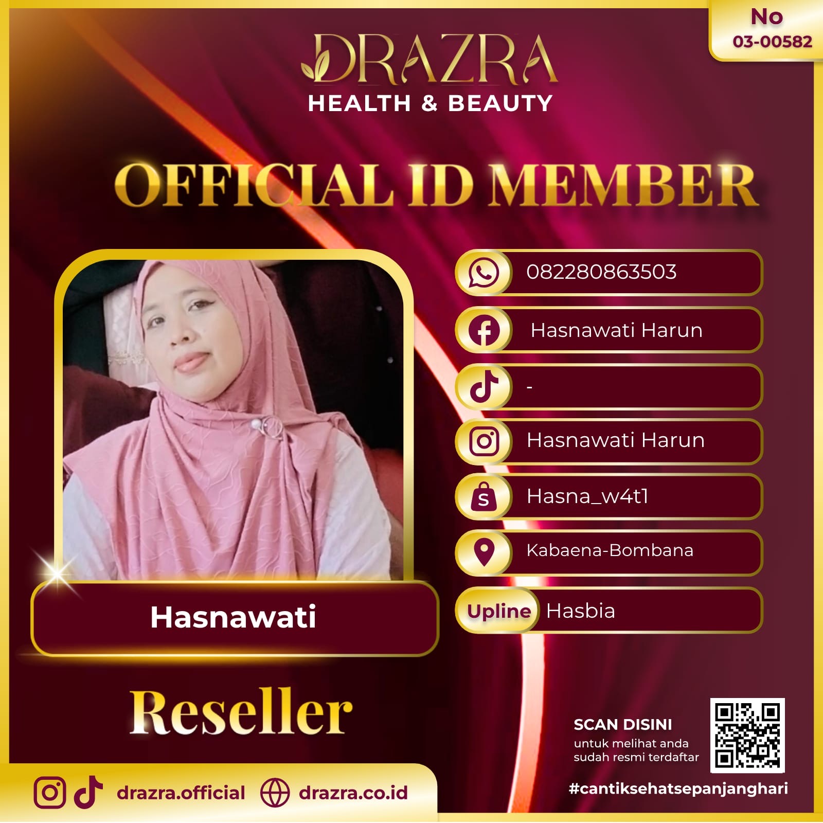 Kartu member Hasnawati, Reseller DRAZRA, ID 03-00582